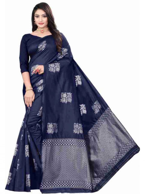 Women's Soft Lichi Silk Printed Saree With Unstitched Blouse 5.5Mtr (Blue)