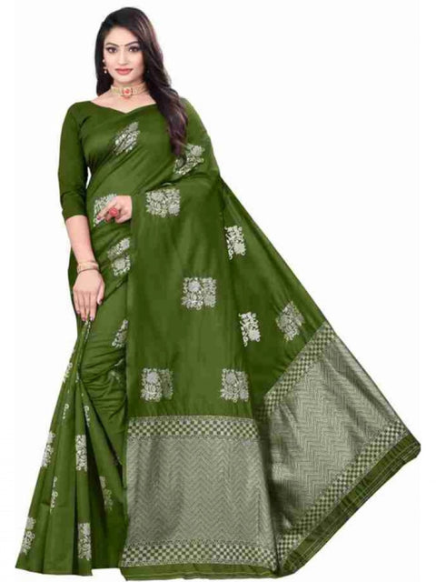 Women's Soft Lichi Silk Printed Saree With Unstitched Blouse 5.5Mtr (Green)