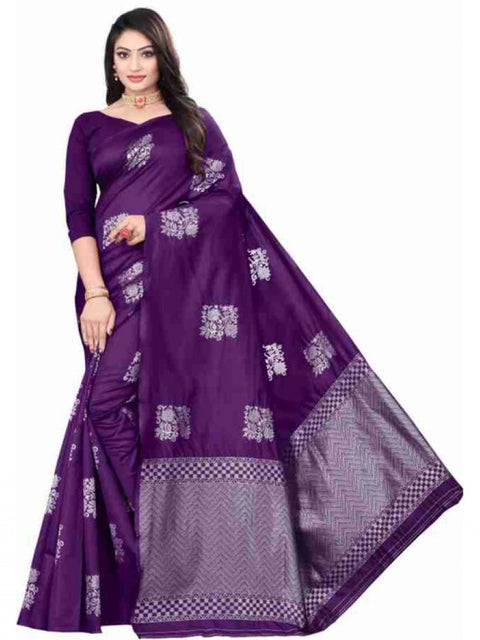 Women's Soft Lichi Silk Printed Saree With Unstitched Blouse 5.5Mtr (Purple)