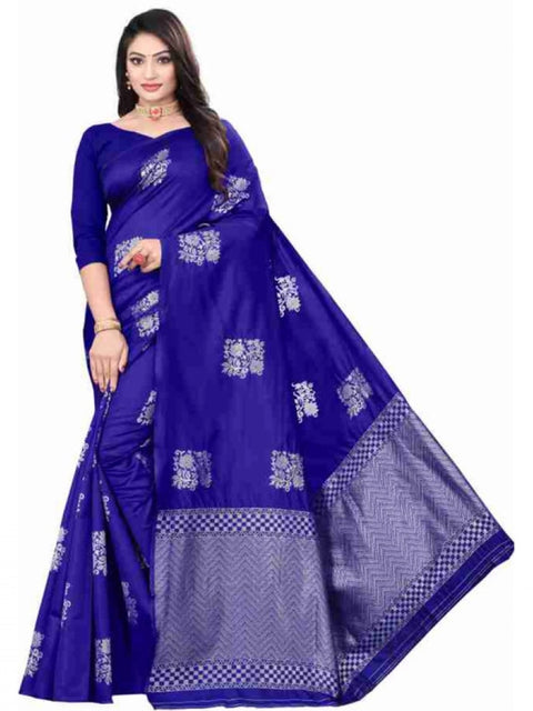 Women's Soft Lichi Silk Printed Saree With Unstitched Blouse 5.5Mtr (Royal-Blue)