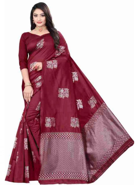 Women's Soft Lichi Silk Printed Saree With Unstitched Blouse 5.5Mtr (Maroon)