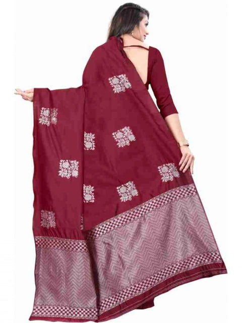 Women's Soft Lichi Silk Printed Saree With Unstitched Blouse 5.5Mtr (Maroon)