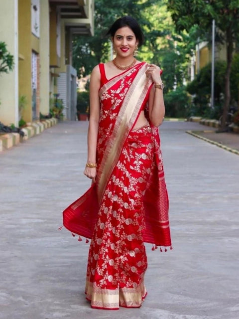 Women's Soft Lichi Silk Printed Saree With Unstitched Blouse 5.5Mtr (Red)
