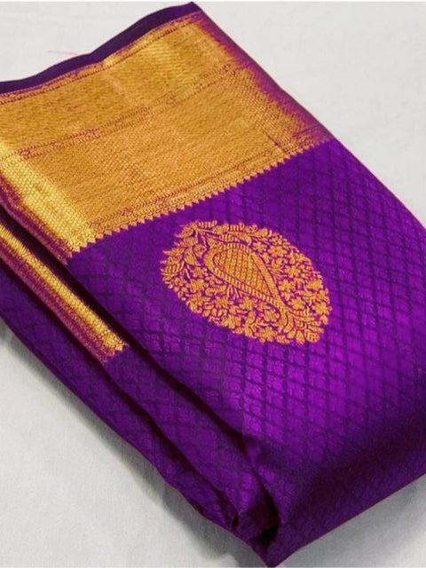 Women's Soft Lichi Silk Printed Saree With Unstitched Blouse 5.5Mtr (Purple)