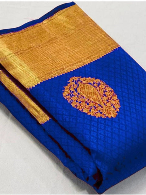Women's Soft Lichi Silk Printed Saree With Unstitched Blouse 5.5Mtr (Royal-Blue)