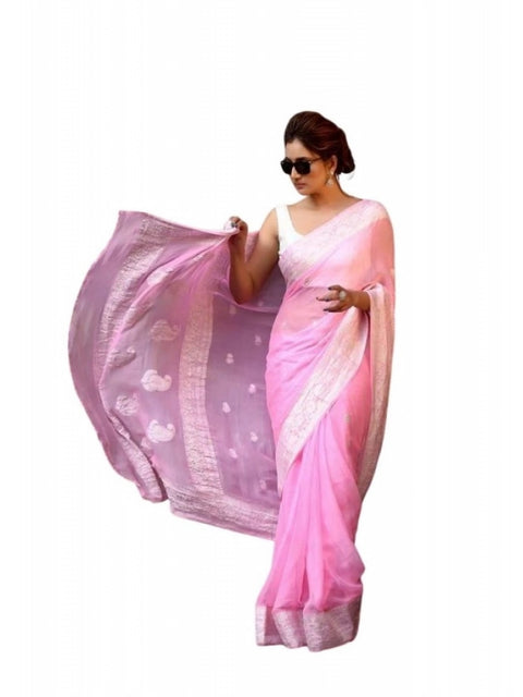Women's Soft Lichi Silk Printed Saree With Unstitched Blouse 5.5Mtr (Pink)