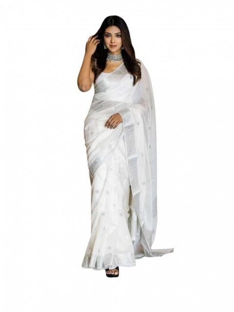 Women's Soft Lichi Silk Printed Saree With Unstitched Blouse 5.5Mtr (White)