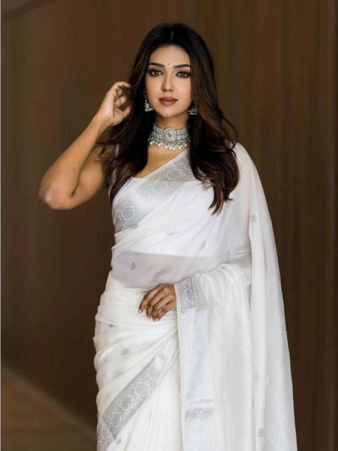 Women's Soft Lichi Silk Printed Saree With Unstitched Blouse 5.5Mtr (White)