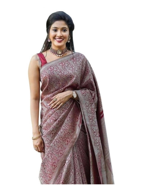 Women's Soft Lichi Silk Printed Saree With Unstitched Blouse 5.5Mtr (Wine)