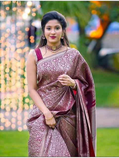 Women's Soft Lichi Silk Printed Saree With Unstitched Blouse 5.5Mtr (Wine)