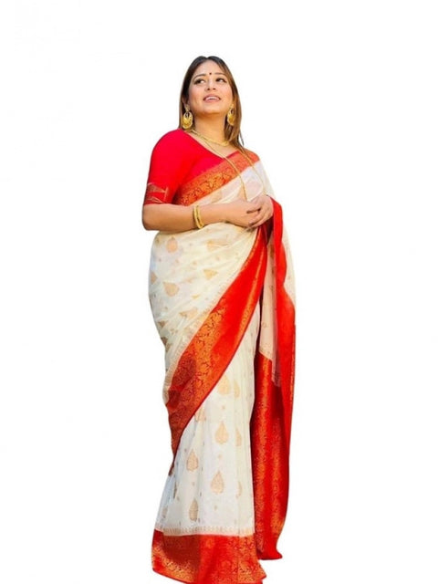 Women's Soft Lichi Silk Printed Saree With Unstitched Blouse 5.5Mtr (White)