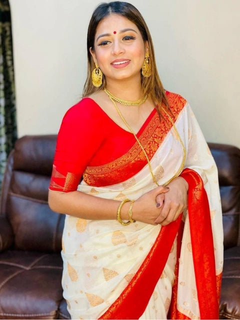 Women's Soft Lichi Silk Printed Saree With Unstitched Blouse 5.5Mtr (White)