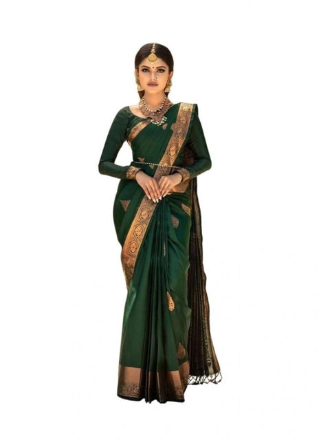 Women's Soft Lichi Silk Printed Saree With Unstitched Blouse 5.5Mtr (Green)