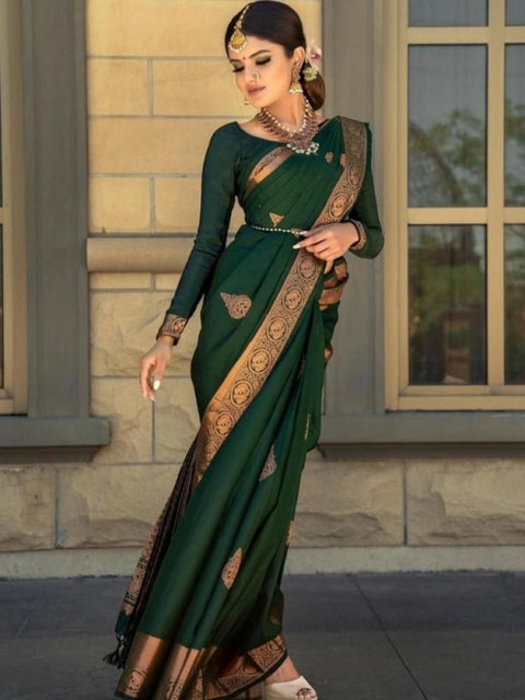 Women's Soft Lichi Silk Printed Saree With Unstitched Blouse 5.5Mtr (Green)