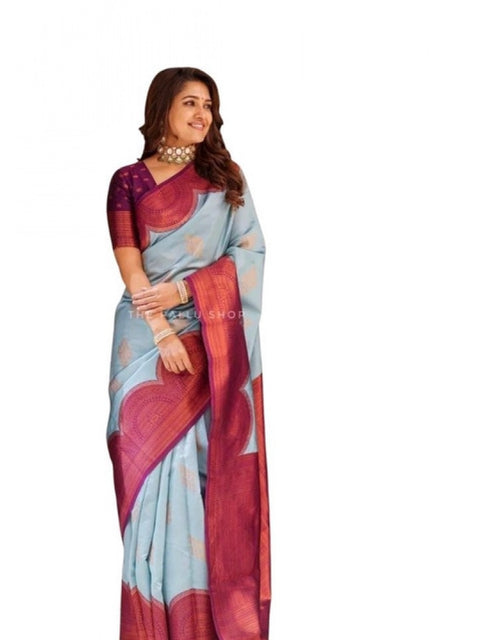Women's Soft Lichi Silk Printed Saree With Unstitched Blouse 5.5Mtr (Light-Blue)