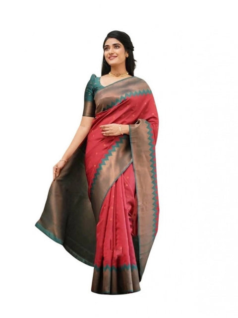 Women's Soft Lichi Silk Printed Saree With Unstitched Blouse 5.5Mtr (Red)