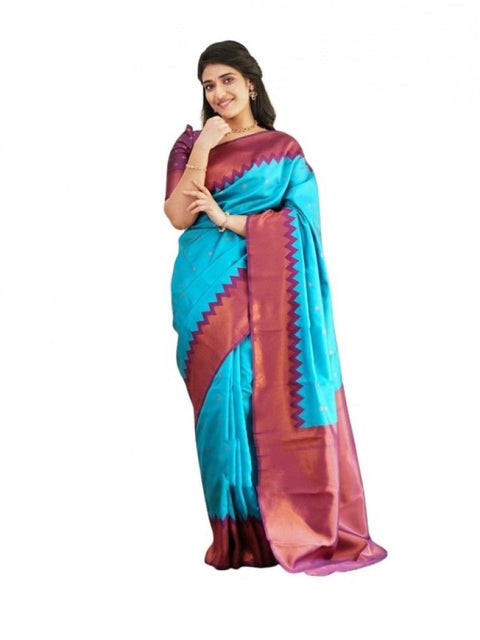 Women's Soft Lichi Silk Printed Saree With Unstitched Blouse 5.5Mtr (Sky-Blue)