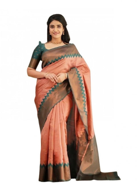 Women's Soft Lichi Silk Printed Saree With Unstitched Blouse 5.5Mtr (Peach)