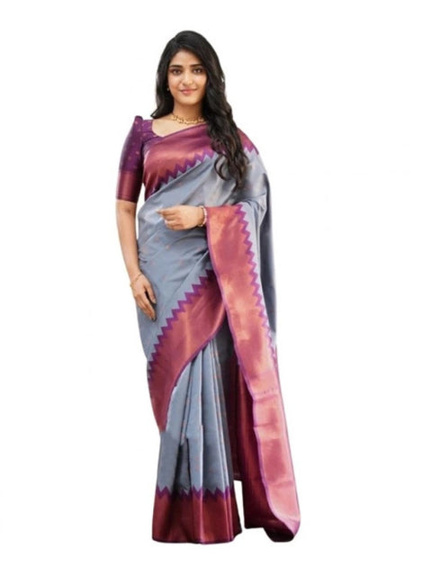 Women's Soft Lichi Silk Printed Saree With Unstitched Blouse 5.5Mtr (Grey)