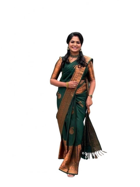 Women's Soft Lichi Silk Printed Saree With Unstitched Blouse 5.5Mtr (Green)