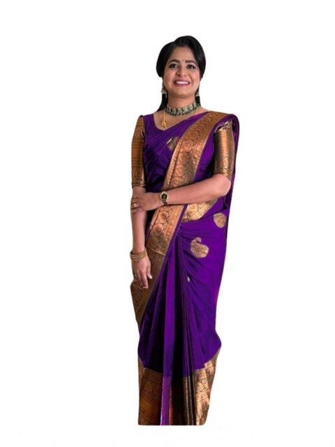 Women's Soft Lichi Silk Printed Saree With Unstitched Blouse 5.5Mtr (Purple)