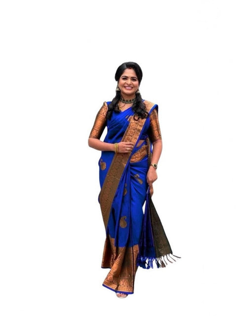Women's Soft Lichi Silk Printed Saree With Unstitched Blouse 5.5Mtr (Navy-Blue)