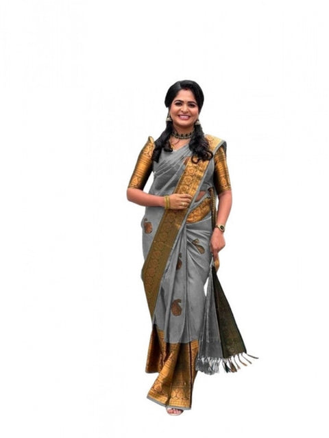 Women's Soft Lichi Silk Printed Saree With Unstitched Blouse 5.5Mtr (Grey)