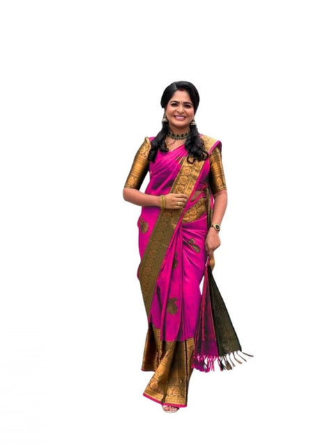 Women's Soft Lichi Silk Printed Saree With Unstitched Blouse 5.5Mtr (Pink)