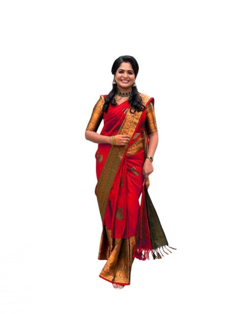 Women's Soft Lichi Silk Printed Saree With Unstitched Blouse 5.5Mtr (Red)