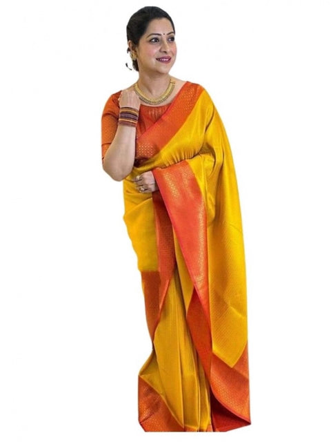 Women's Soft Lichi Silk Printed Saree With Unstitched Blouse 5.5Mtr (Mustard )