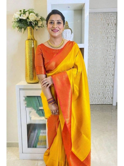 Women's Soft Lichi Silk Printed Saree With Unstitched Blouse 5.5Mtr (Mustard )