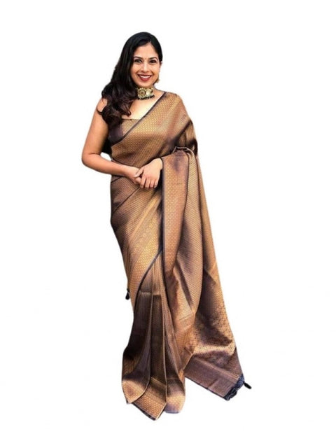 Women's Soft Lichi Silk Printed Saree With Unstitched Blouse 5.5Mtr (Black-Gold)