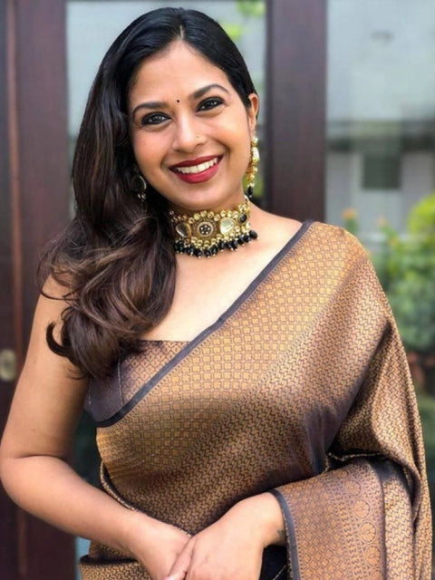 Women's Soft Lichi Silk Printed Saree With Unstitched Blouse 5.5Mtr (Black-Gold)