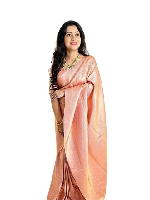 Women's Soft Lichi Silk Printed Saree With Unstitched Blouse 5.5Mtr (Peach)