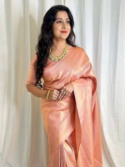 Women's Soft Lichi Silk Printed Saree With Unstitched Blouse 5.5Mtr (Peach)