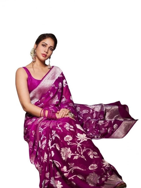 Women's Soft Lichi Silk Printed Saree With Unstitched Blouse 5.5Mtr (Purple)