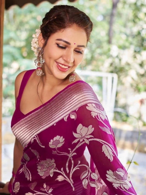 Women's Soft Lichi Silk Printed Saree With Unstitched Blouse 5.5Mtr (Purple)