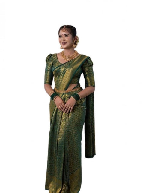 Women's Soft Lichi Silk Printed Saree With Unstitched Blouse 5.5Mtr (Green)