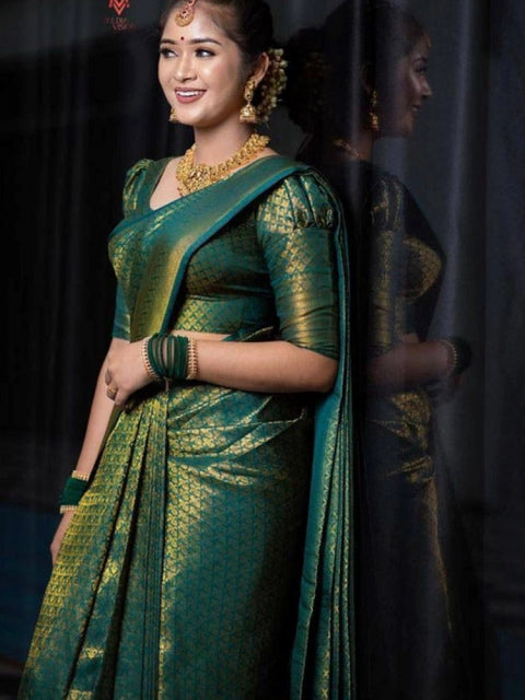 Women's Soft Lichi Silk Printed Saree With Unstitched Blouse 5.5Mtr (Green)