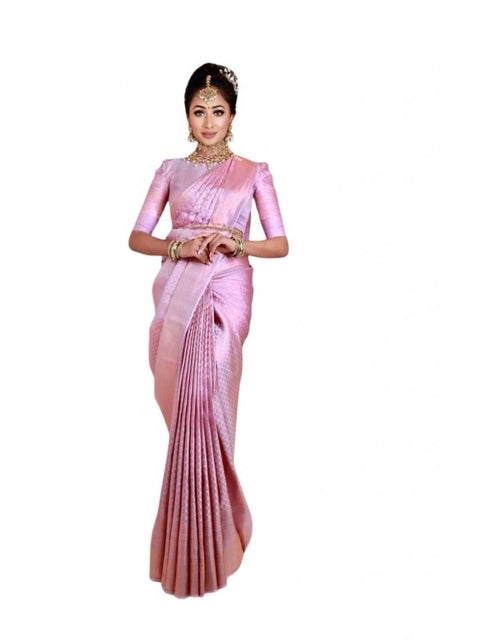 Women's Soft Lichi Silk Printed Saree With Unstitched Blouse 5.5Mtr (Pink)