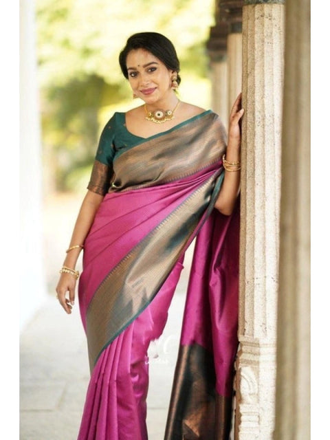Women's Soft Lichi Silk Printed Saree With Unstitched Blouse 5.5Mtr (Pink)