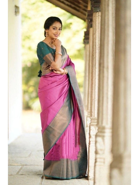 Women's Soft Lichi Silk Printed Saree With Unstitched Blouse 5.5Mtr (Pink)