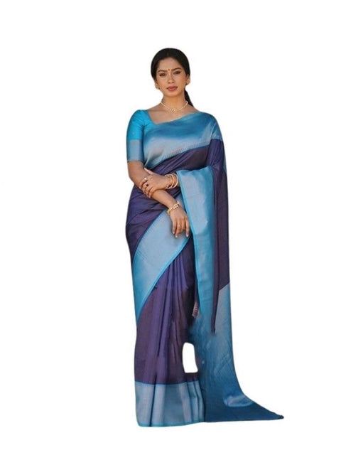 Women's Soft Lichi Silk Printed Saree With Unstitched Blouse 5.5Mtr (Blue)