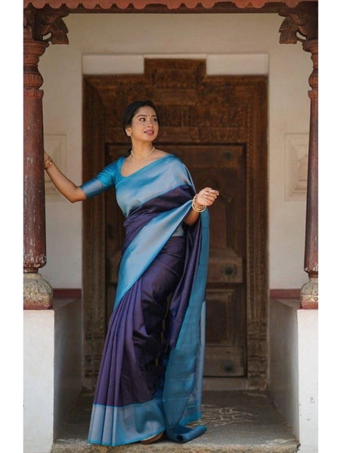 Women's Soft Lichi Silk Printed Saree With Unstitched Blouse 5.5Mtr (Blue)