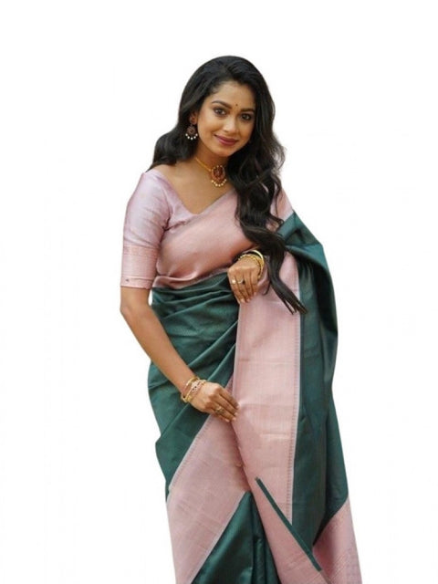 Women's Soft Lichi Silk Printed Saree With Unstitched Blouse 5.5Mtr (Green)