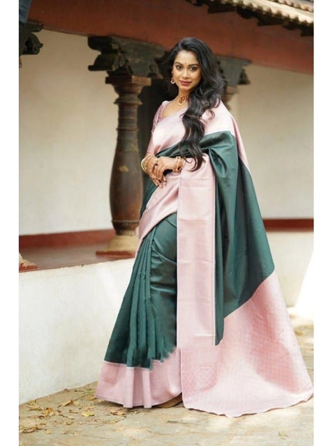 Women's Soft Lichi Silk Printed Saree With Unstitched Blouse 5.5Mtr (Green)