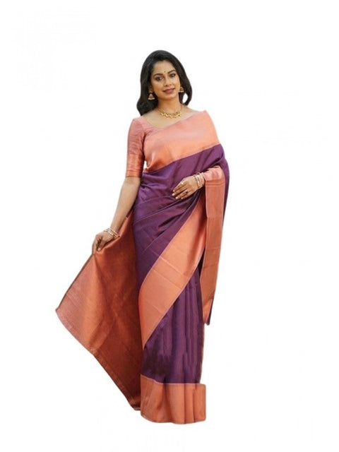 Women's Soft Lichi Silk Printed Saree With Unstitched Blouse 5.5Mtr (Purple)