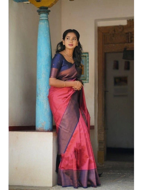 Women's Soft Lichi Silk Printed Saree With Unstitched Blouse 5.5Mtr (Red)