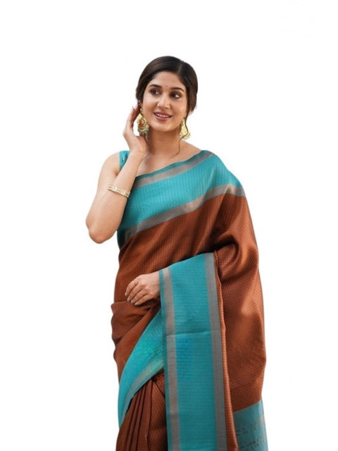 Women's Soft Lichi Silk Printed Saree With Unstitched Blouse 5.5Mtr (Brown)