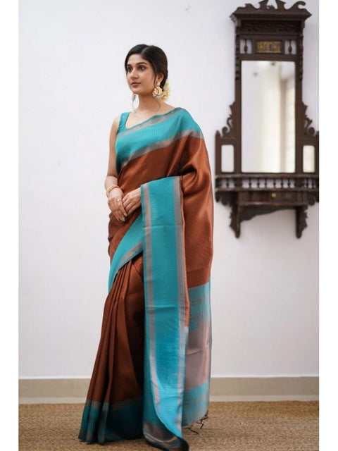 Women's Soft Lichi Silk Printed Saree With Unstitched Blouse 5.5Mtr (Brown)